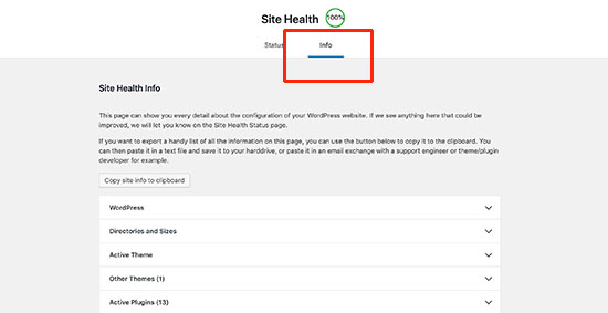 Site health debug information