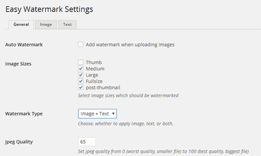 Settings page for Easy Watermark plugin