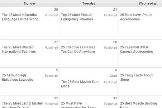 An editorial calendar in WordPress