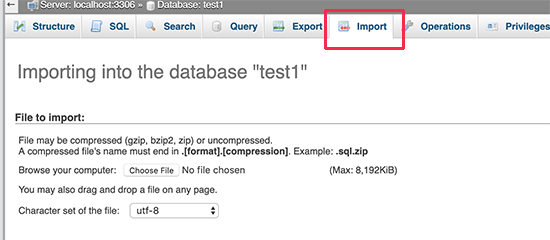 Import database via phpMyAdmin