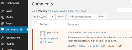Moderating comments pending approval in WordPress
