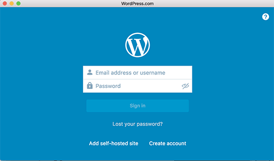 WordPress app login screen