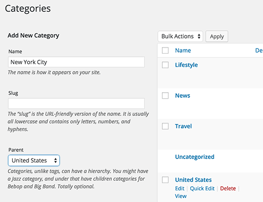 Adding child category from categories page 