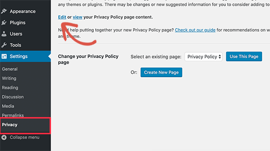 Edit privacy policy page