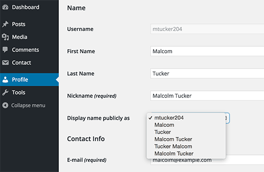Adding your first and last names or a nickname in WordPress