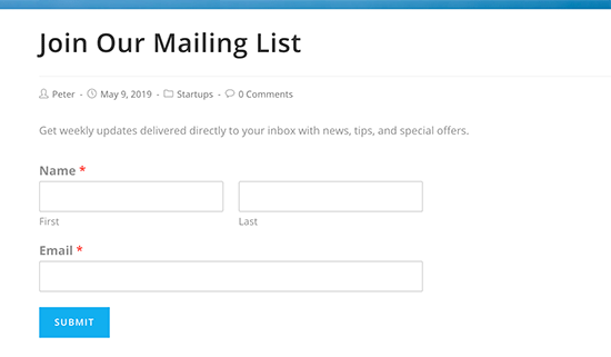 Newsletter signup form in a WordPress post
