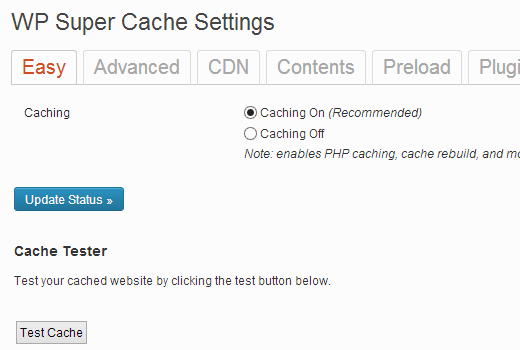 Turning on Cache in WP Super Cache for WordPress