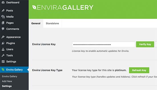 Enter Envira Gallery license key