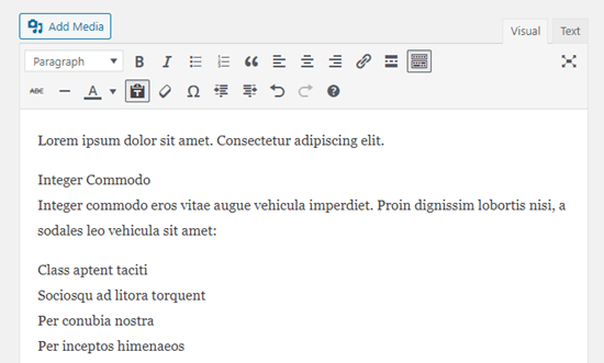 The Google docs text pasted as plain text in the WordPress classic editor