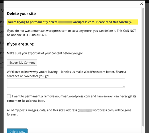 Confirm that you want to delete your WordPress.com blog