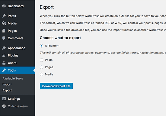 Export content from your old WordPress site