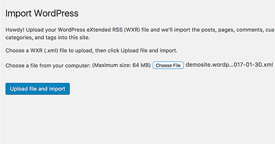 Upload WordPress import file