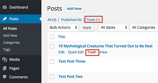 Trash links on Posts screen