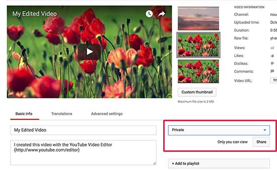 YouTube video privacy settings