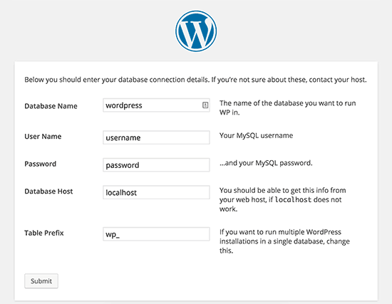 Default WordPress configuration settings