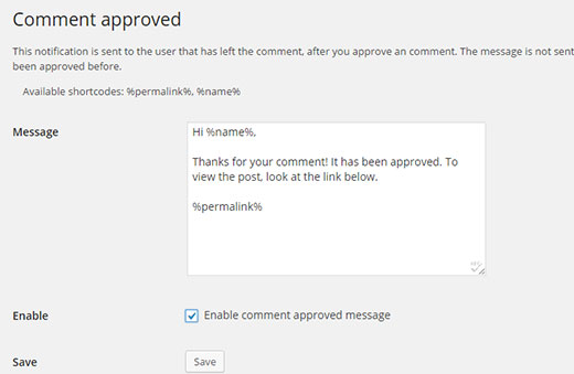 Comment Approved notification settings