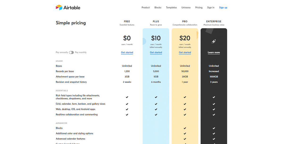 air table pricing