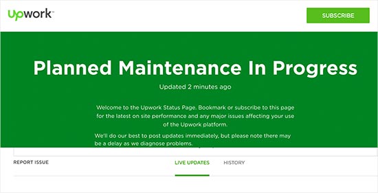 Upwork maintenance page with status updates