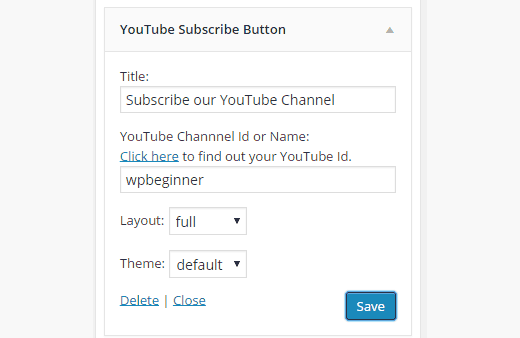 YouTube Subscribe Button widget settings