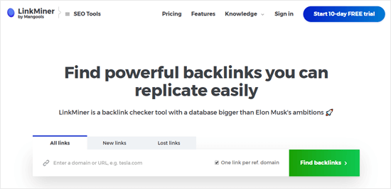 The LinkMiner backlinks tool
