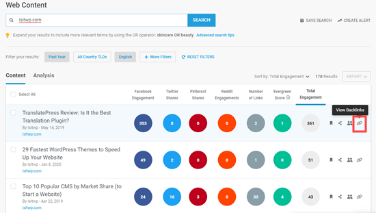 Checking the details of backlinks in Buzzsumo