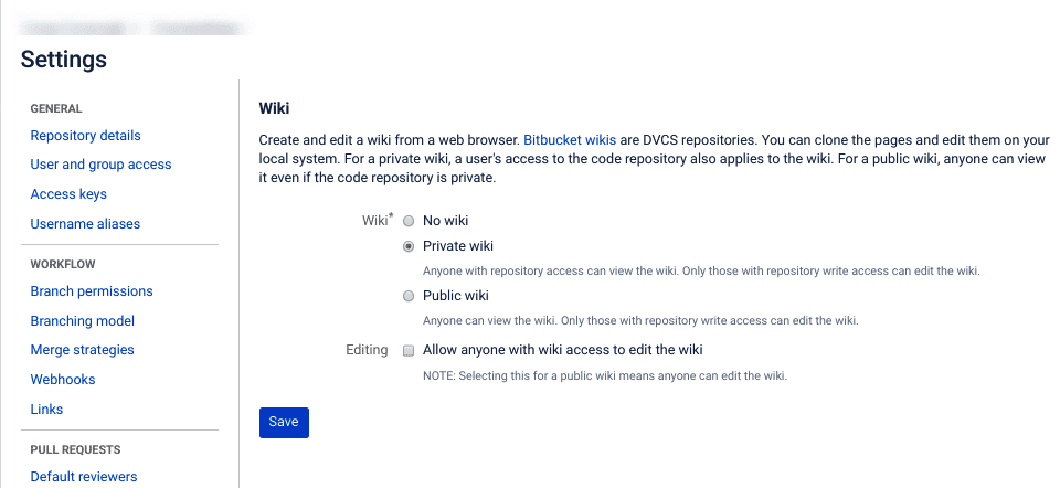The wiki settings page in Bitbucket