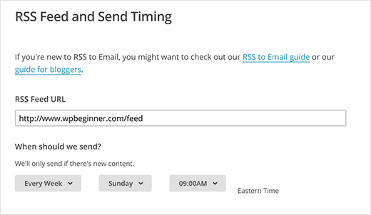 Enter your RSS feed URL and select email time and frequency
