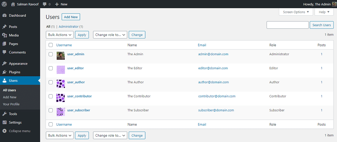 The 'Users' panel in WordPress admin dashboard