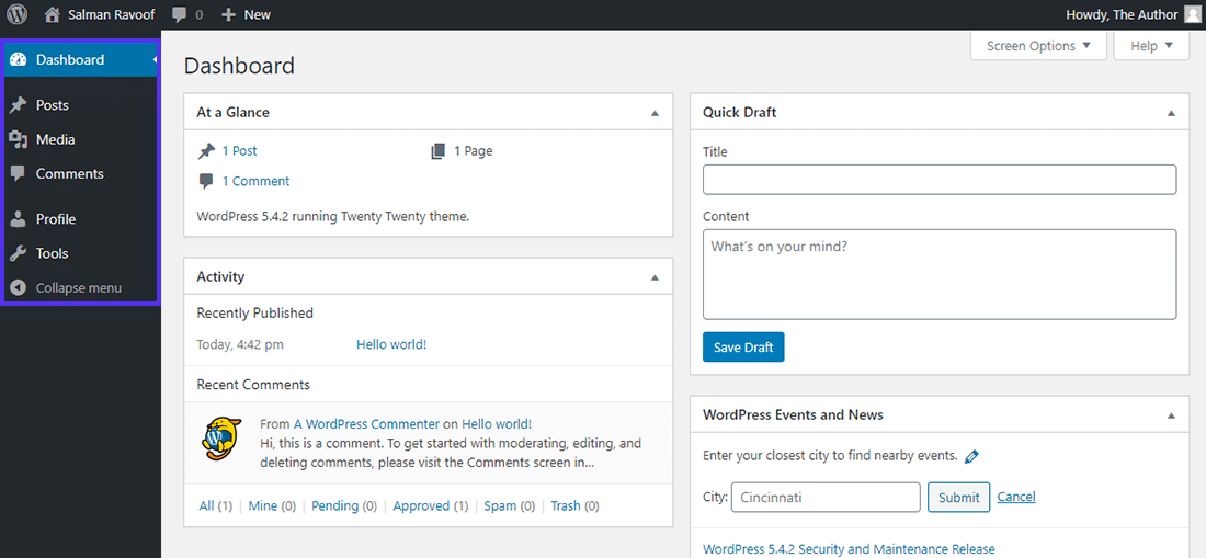The 'Author' role dashboard in WordPress