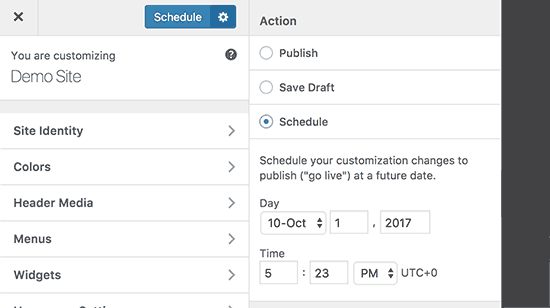 Schedule theme changes in customizer