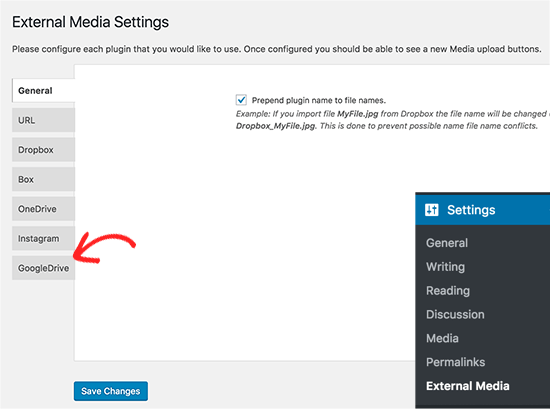 External Media plugin settings
