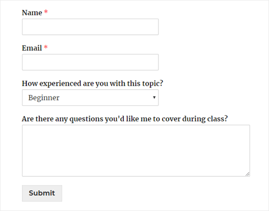 A simple registration form for an online class, showing name, email, a dropdown asking for level of experience, and a comment box