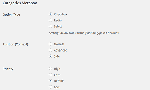 Categories metabox enhanced settings