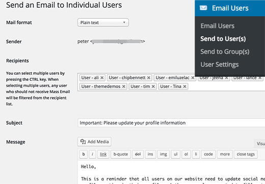 Sending emails to individual or all users on your site