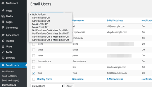 Manage email settings for users