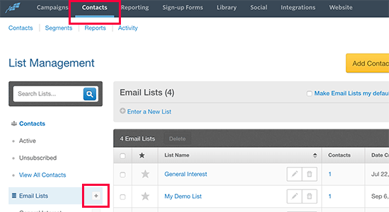 Creating new email list in Constant Contact