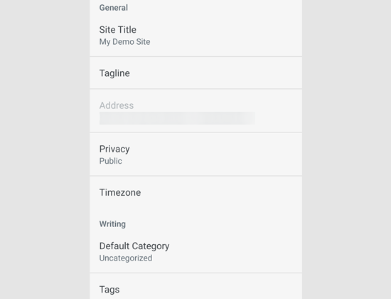 Site settings in WordPress app