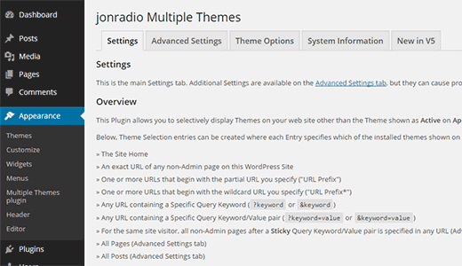 Multiple Themes plugin settings