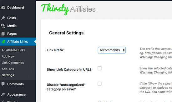 ThirstyAffiliates settings page