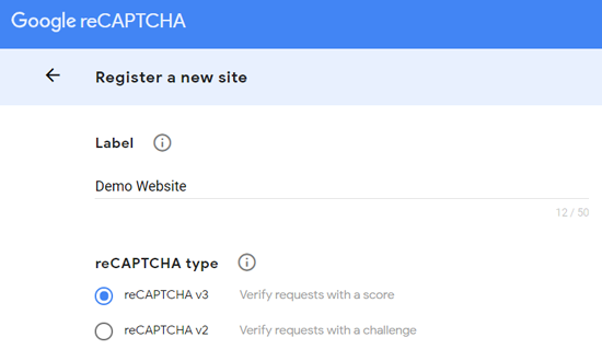 Register a New Site for Google reCAPTCHA