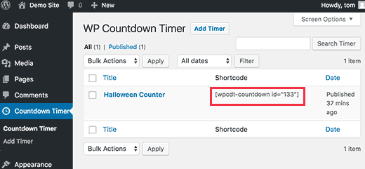 Copy countdown timer shortcode