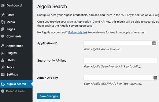 Algolia plugin settings page