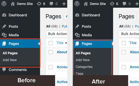 Before and after enabling categories and tags for WordPress pages