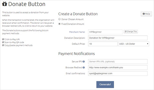 Generating a donate button on BitPay