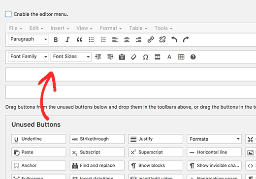 Drag and drop underline and justify text buttons to the post editor