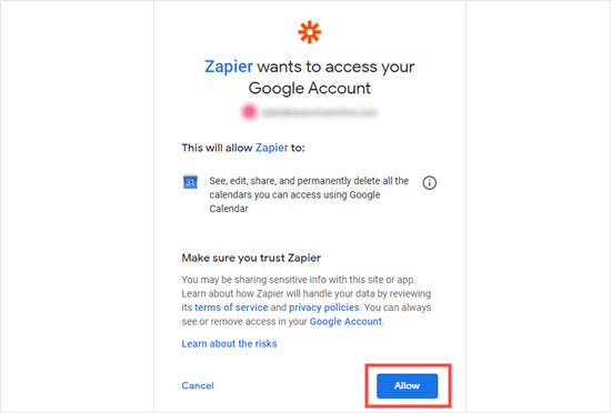 اجازه دسترسی Google Calendar به Zapier