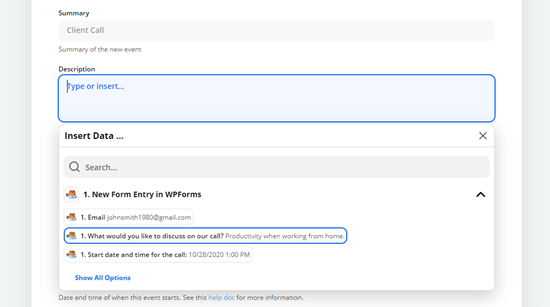 فیلدی که میخواهید برای Google Calendar استفاده کنید