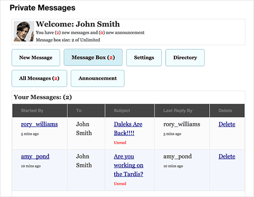 Private messages between users on a WordPress site