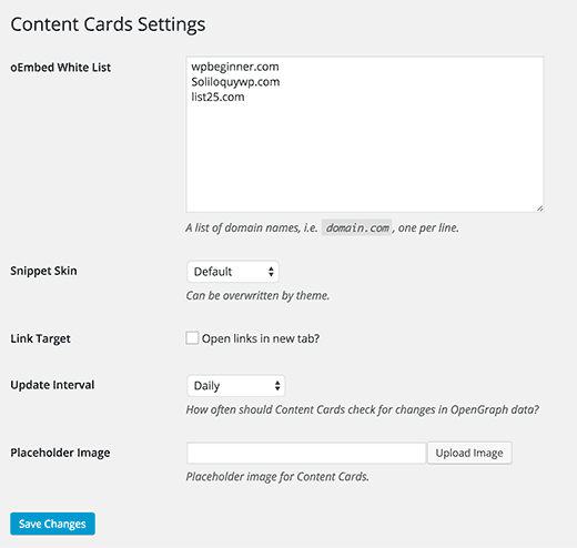 Settings page for content cards plugin