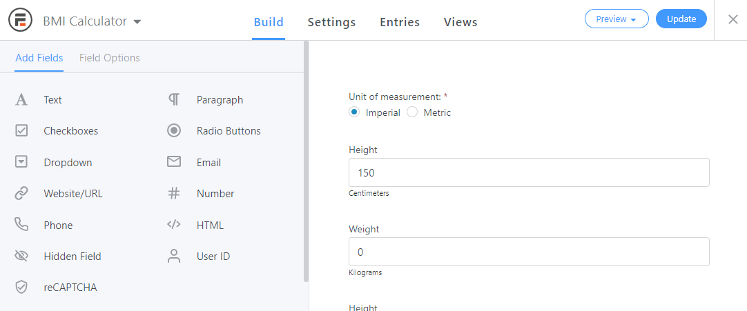 The default Build view in Formidable Forms